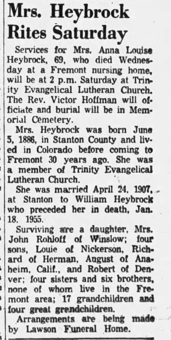 Obituary for Anna Louise Heybrock (Aged 69)